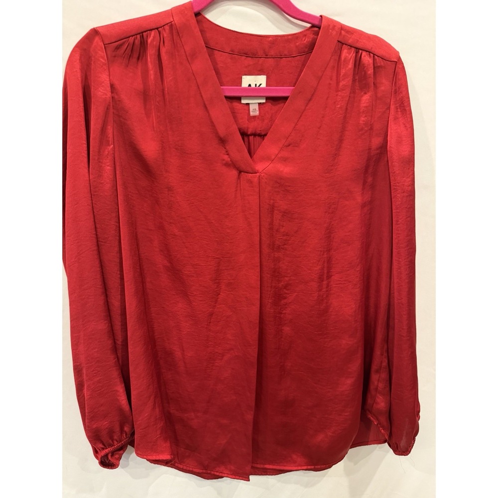 Anne Klein Blouse Womens PS Petite Small Red Long Sleeve V-Neck Satin Finish